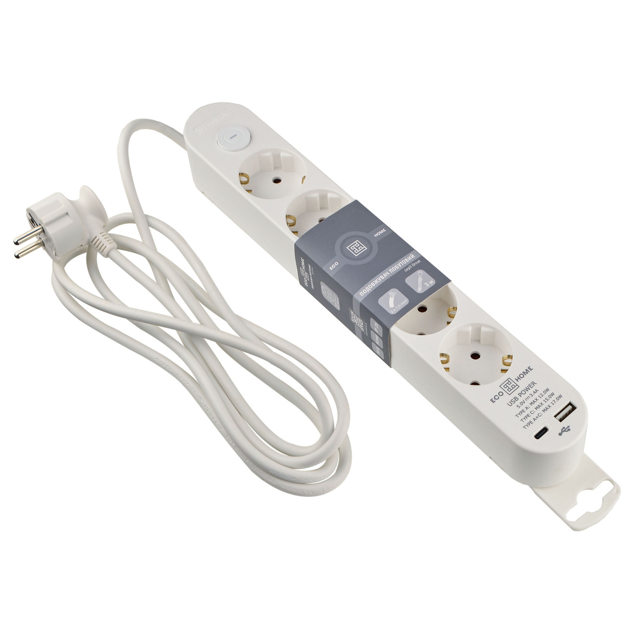 Подовжувач Ornat на 5 розеток з кабелем 2 метри та USB + Type C білий (ECO019001007)