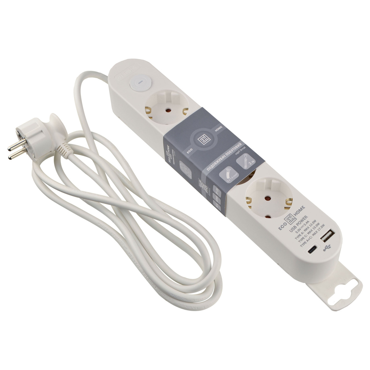 Подовжувач Ornat на 4 розетки з кабелем 2 метри та USB + Type C білий (ECO019001004)