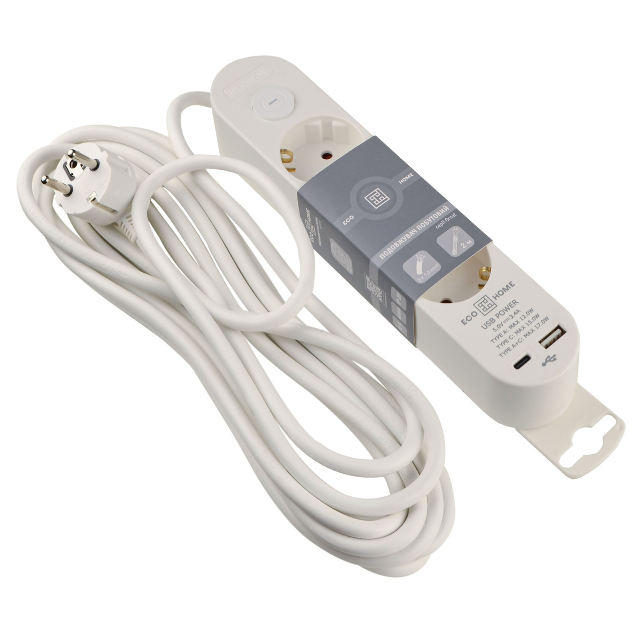 Подовжувач Ornat на 3 розетки з кабелем 5 метрів та USB+Type C білий (ECO019001003)