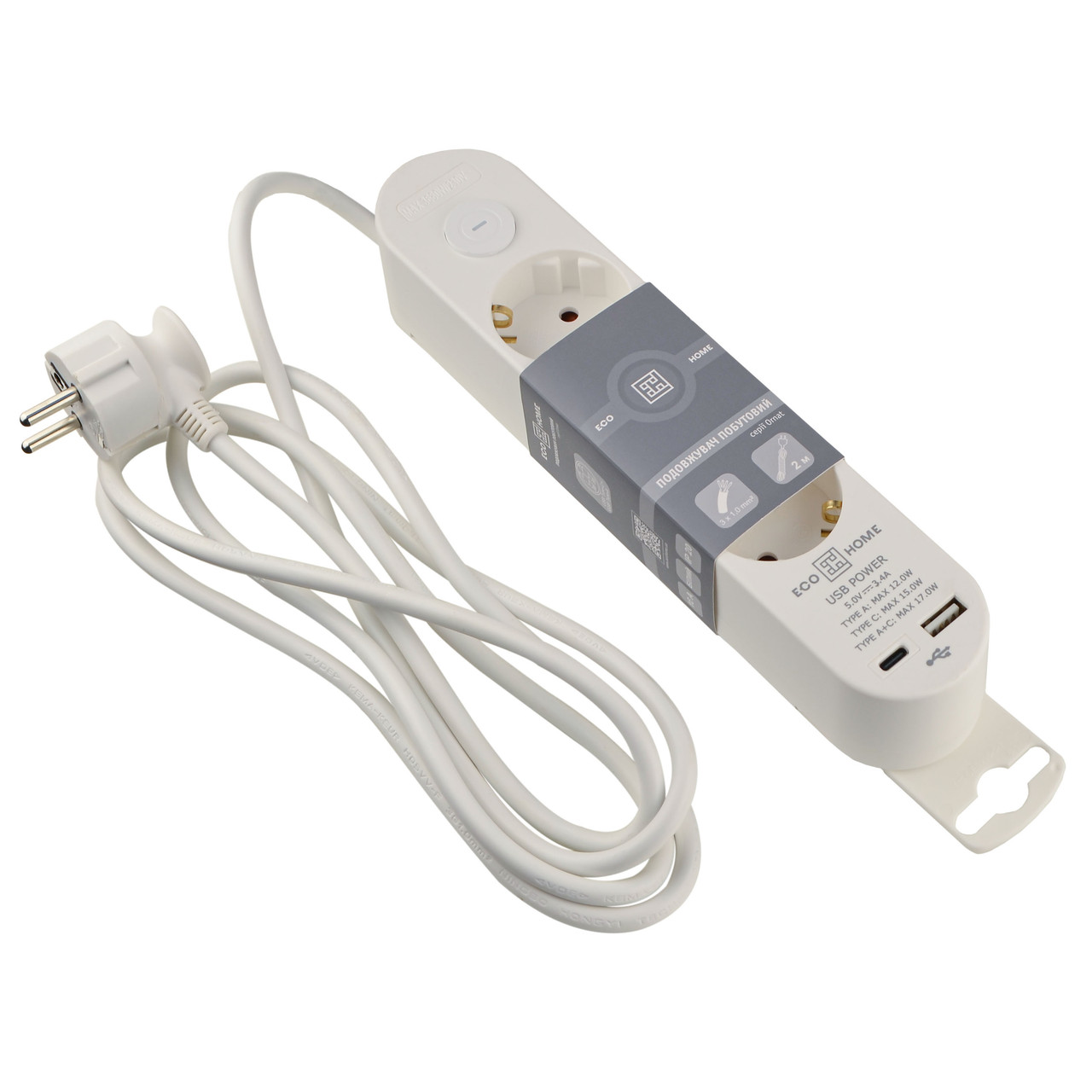 Подовжувач Ornat на 3 розетки з кабелем 2 метри та USB + Type C білий (ECO019001001)