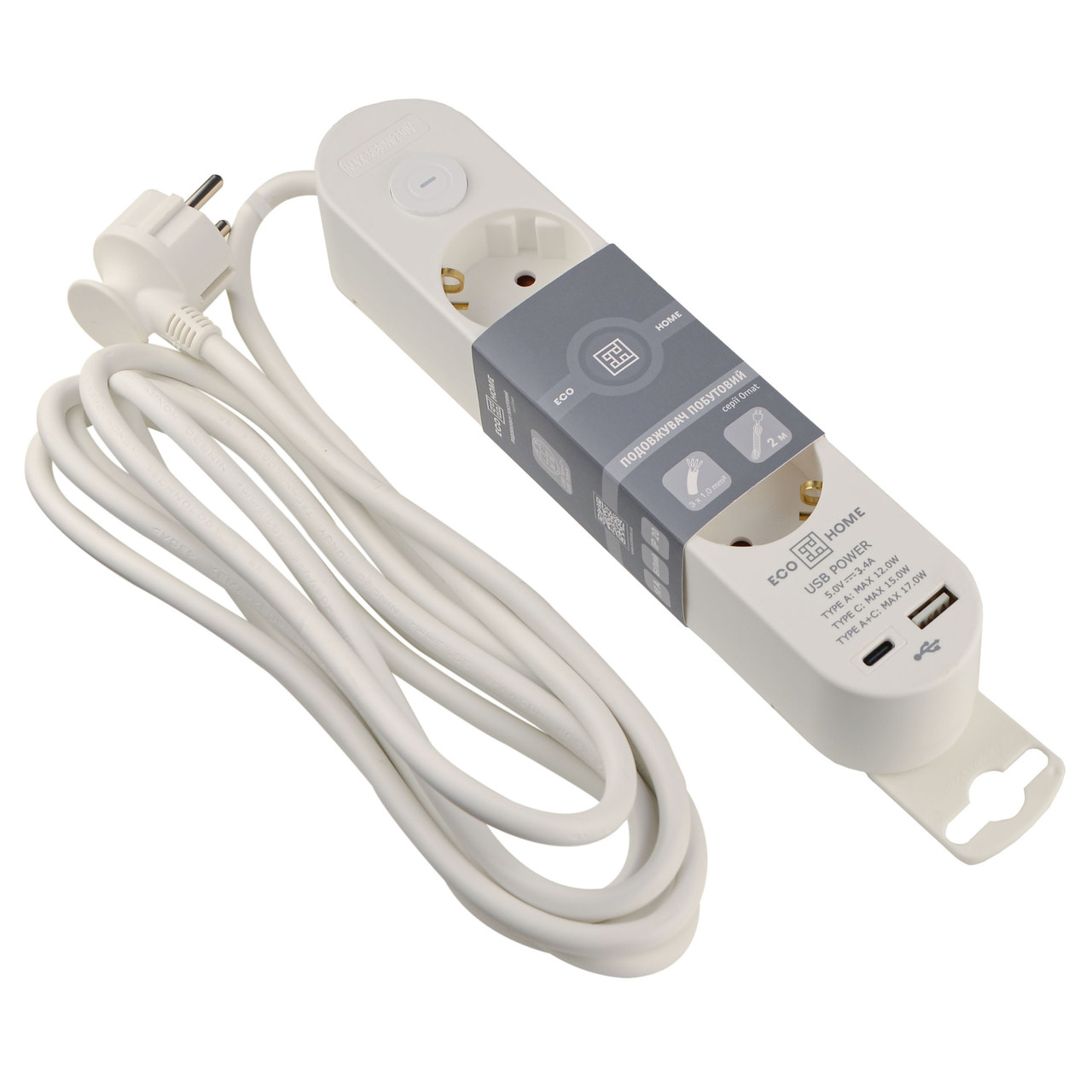 Подовжувач Ornat на 3 розетки з кабелем 3 метри та USB + Type C білий (ECO019001002)