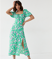 Довга літня жіноча сукня міді в квітковий принт зелена сукня бавовна з розрізом на нозі турція розмір S