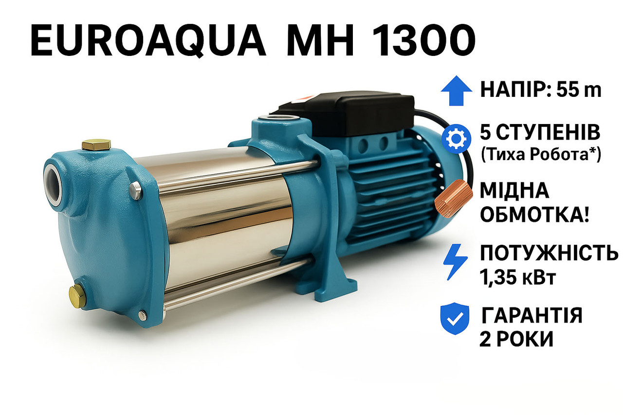 Насос Euroaqua MH 1300 (1.35кВт) Багатоступеневий | Напір 55м! | Тихий | Мідь | Гарантія 2р, фото 1