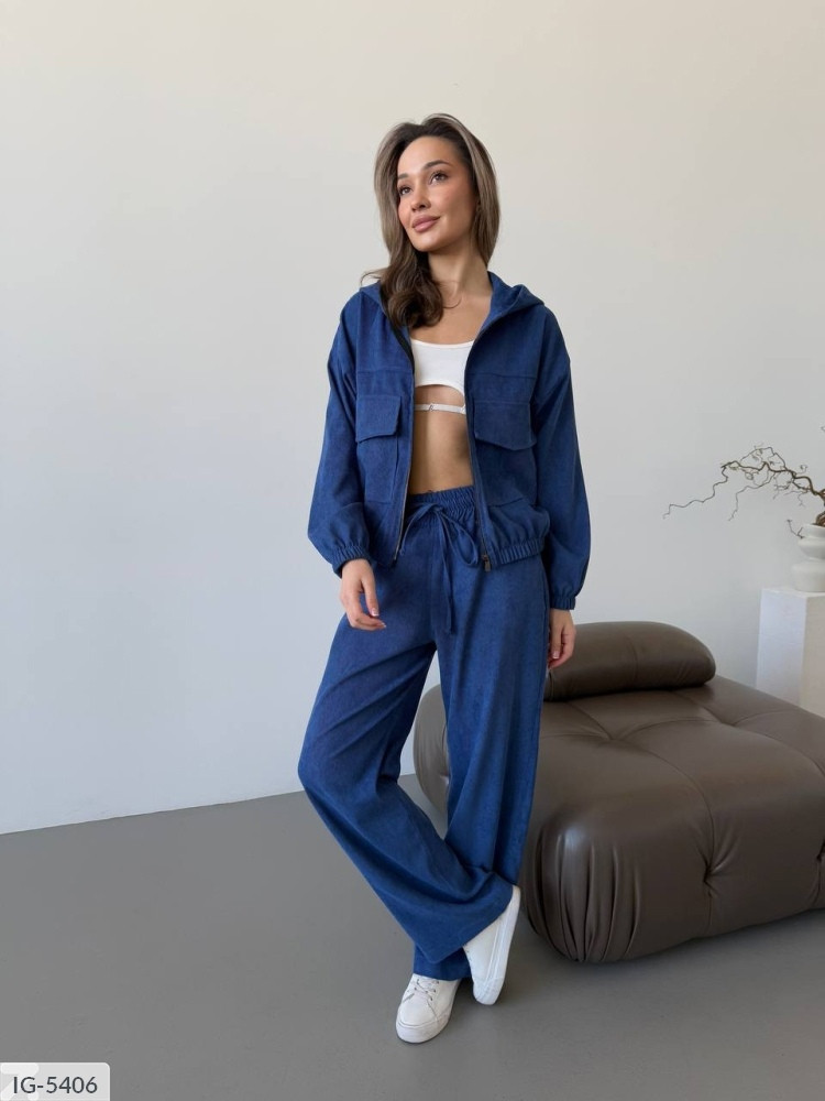 Костюм брючний жіночий повсякденний весняний вельветовий бомбер на блискавці та широкі штани арт 1646