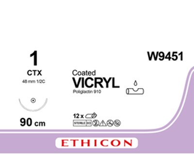 Вікрил (VICRYL) фіолетовий, 90 см, M4, USP 1, одна голка CTX, тип колюча (Taper Point), 48 мм, 1/2 кола.