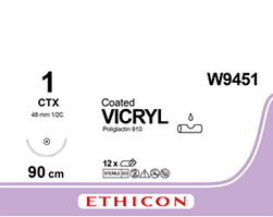 Вікрил (VICRYL) фіолетовий, 90 см, M4, USP 1, одна голка CTX, тип колюча (Taper Point), 48 мм, 1/2 кола.