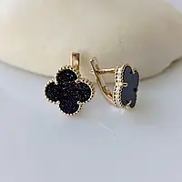 Серебряные серьги 925 пробы в позолоте 585 пробы Van Cleef ван клиф клеф клейшина с авантюрином брендовые