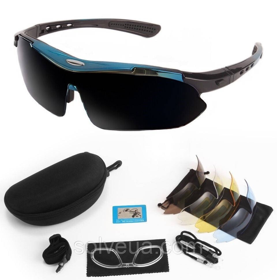 Захисні окуляри Oakley тактичні чорні із синім з поляризацією 5 лінз One siz+.solve