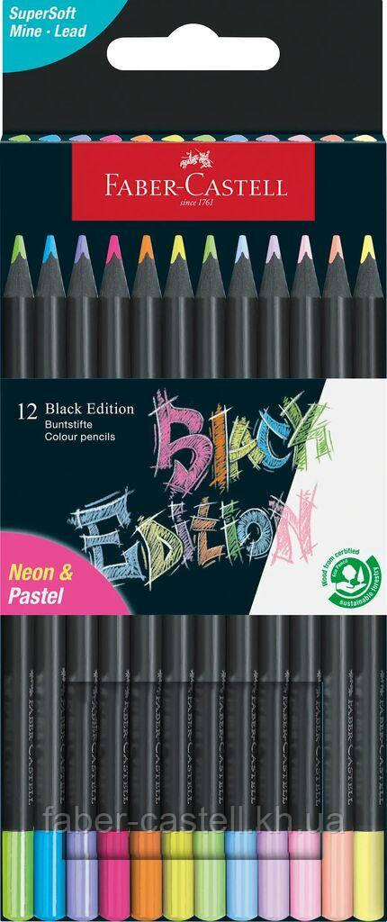 Олівці кольорові Faber-Castell Black Edition Neon + Pastel 12 кол. (неон + пастель) тригранні чорне дерево, 116410