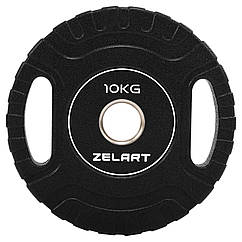 Диск млинців для штанги вага 10 кг з PU-покриттям і подвійним хватом Zelart 3438-10 діаметр 51 мм Black