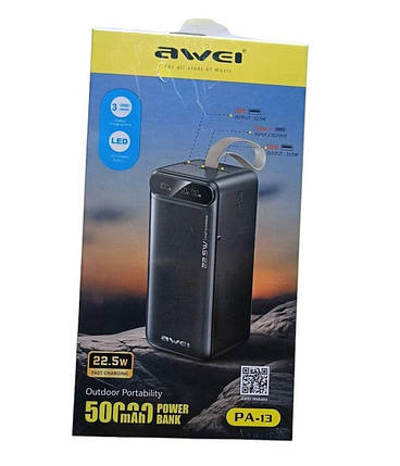 Зовнішній акумулятор Power Bank 50000mah, PA-13, 22.5W, AWEI, фото 1
