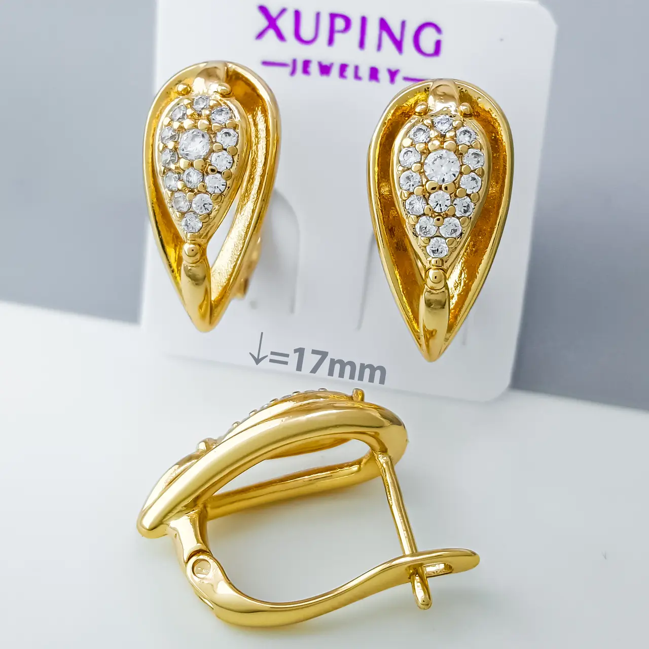 Сережки "Крапелька" з розсипом каміння, англ.замок, медсплав Xuping позолота 18K, фото 1