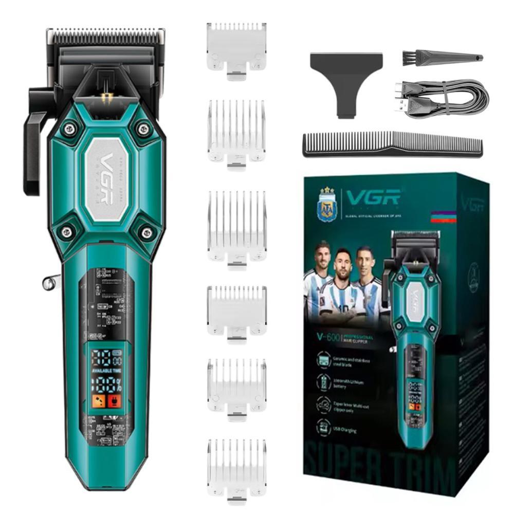 Акумуляторна машинка для стрижки (clipper) VGR V-600 GREEN, 6 насадок, регулятор висоти, LED display, 7000 R