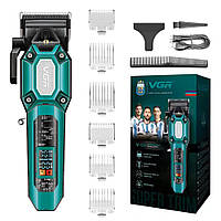 Акумуляторна машинка для стрижки (clipper) VGR V-600 GREEN, 6 насадок, регулятор висоти, LED display, 7000 R