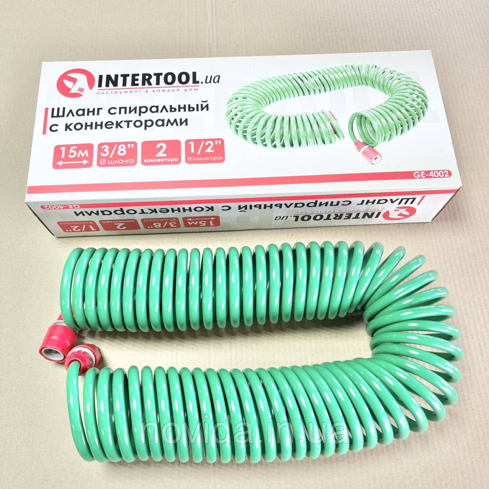 Шланг для поливу спіральний 15 м з конекторами INTERTOOL GE-4002