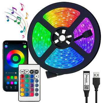 Світлодіодна стрічка 5м c Bluetooth , від USB , Led mood lights / Багатобарвна стрічка / Розумна RGB стрічка для павербанка