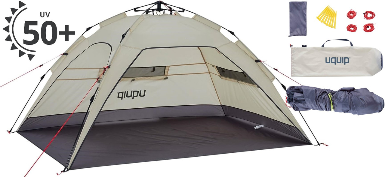 Намет Uquip Buzzy UV 50+ Sand/Grey | Швидкозбірна пляжна палатка з УФ захистом, компактний захисний тент для сімейного відпочинку