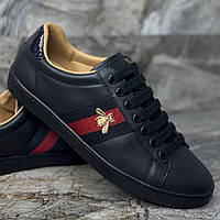 Кеди жіночі з вишивкою Gucci Ace чорні шкіряні