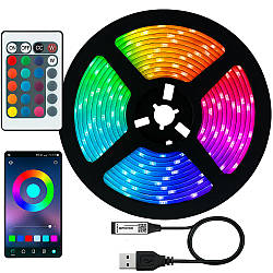 Світлодіодна стрічка блютуз  5м, від USB, Led Mood Lights / Гнучка підсвітка RGB / Стрічка від павербанка