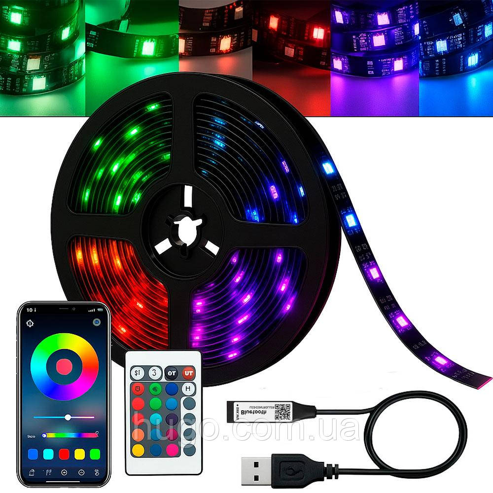 Світлодіодна стрічка 5 м, від USB, Bluetooth + пульт, Led mood lights / Розумна стрічка / RGB стрічка від павербанку, фото 1