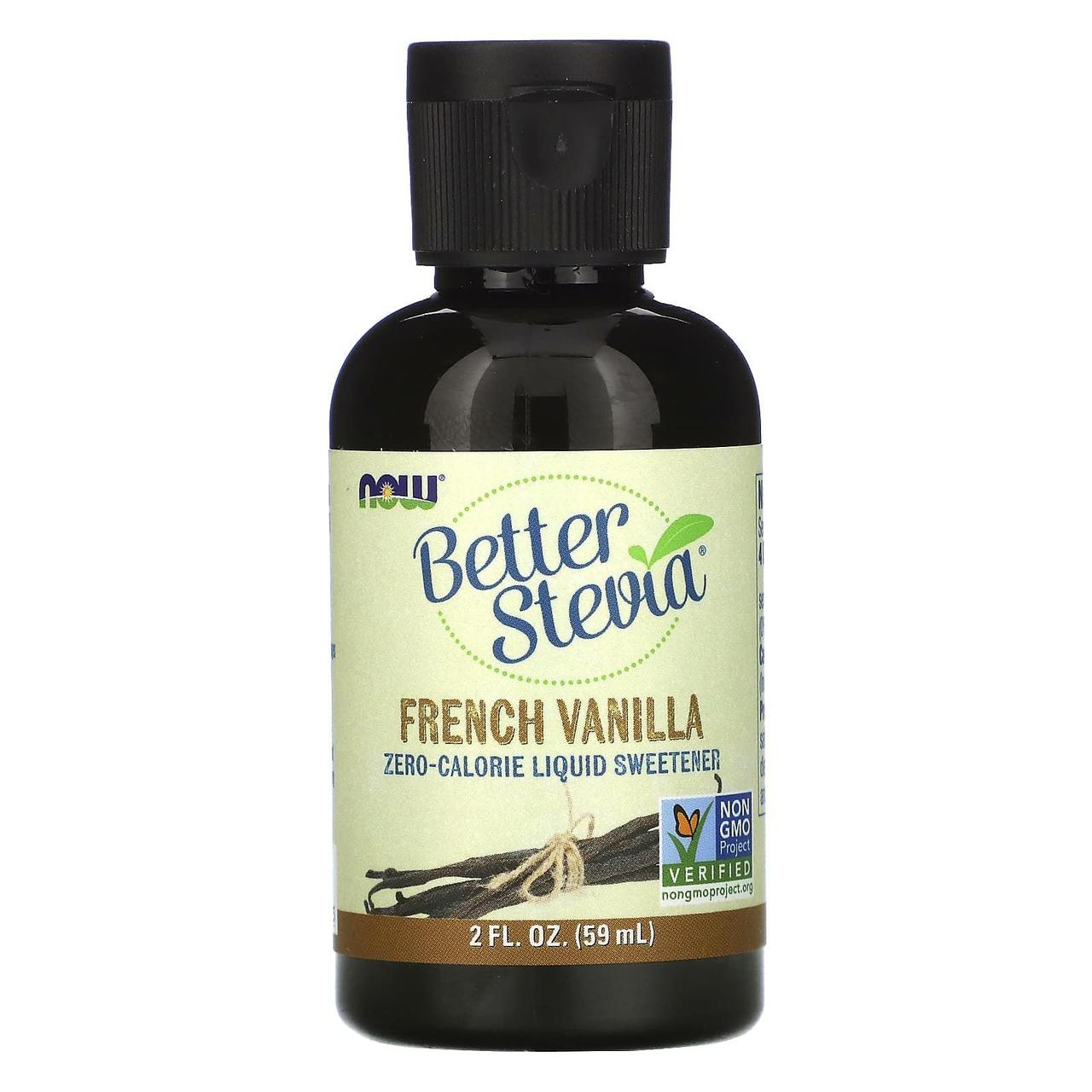 Стевія, Better Stevia, Now Foods, рідкий підсолоджувач із нульовою калорійністю, смак французької ванілі, 59 мл