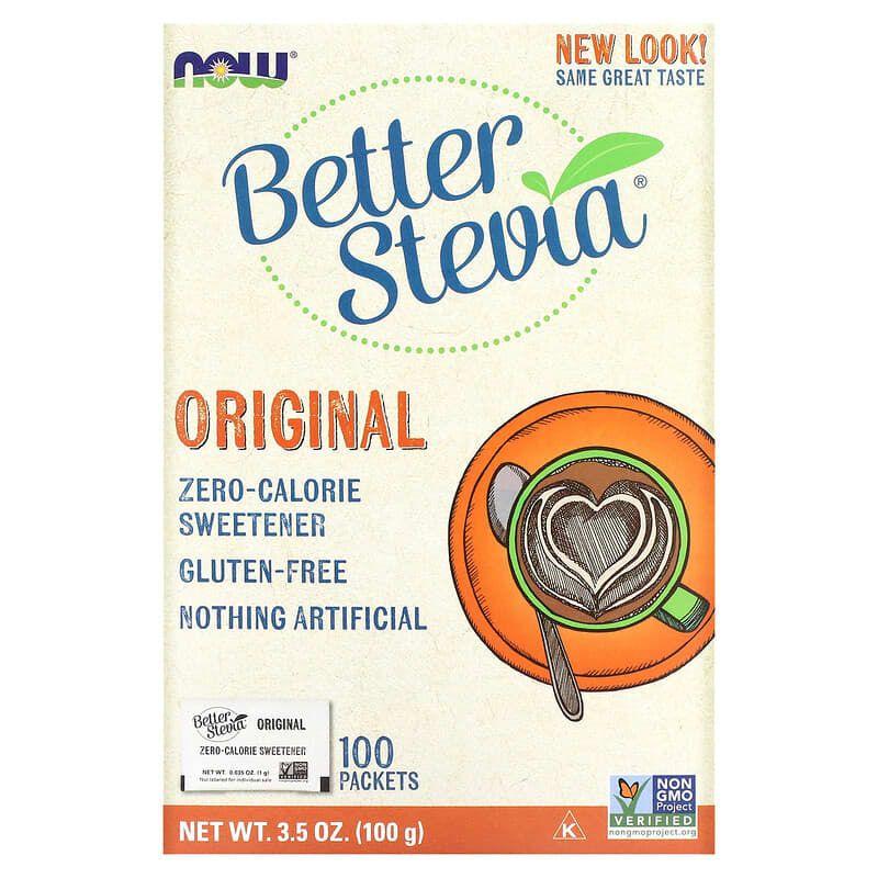 Стевія, BetterStevia, Now Foods, підсолоджувач із нульовою калорійністю, оригінальний, 100 пакетів, 100 г