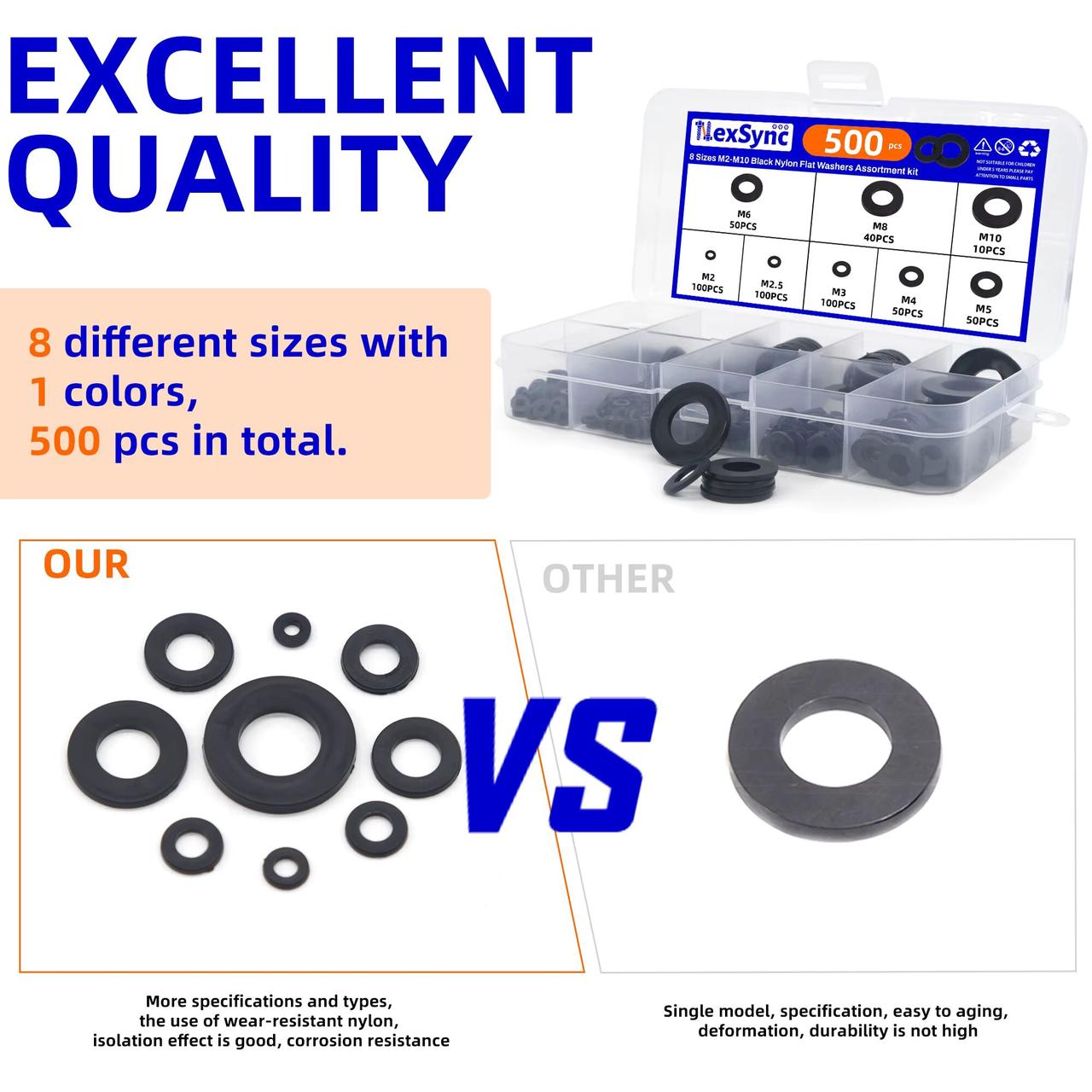 Набір 500 шт. прокладок, розпірних, ізоляційних кілець із чорного нейлону (М2 М2.5 M3 M4 M5 M6 M8 M10). До органа, фото 1