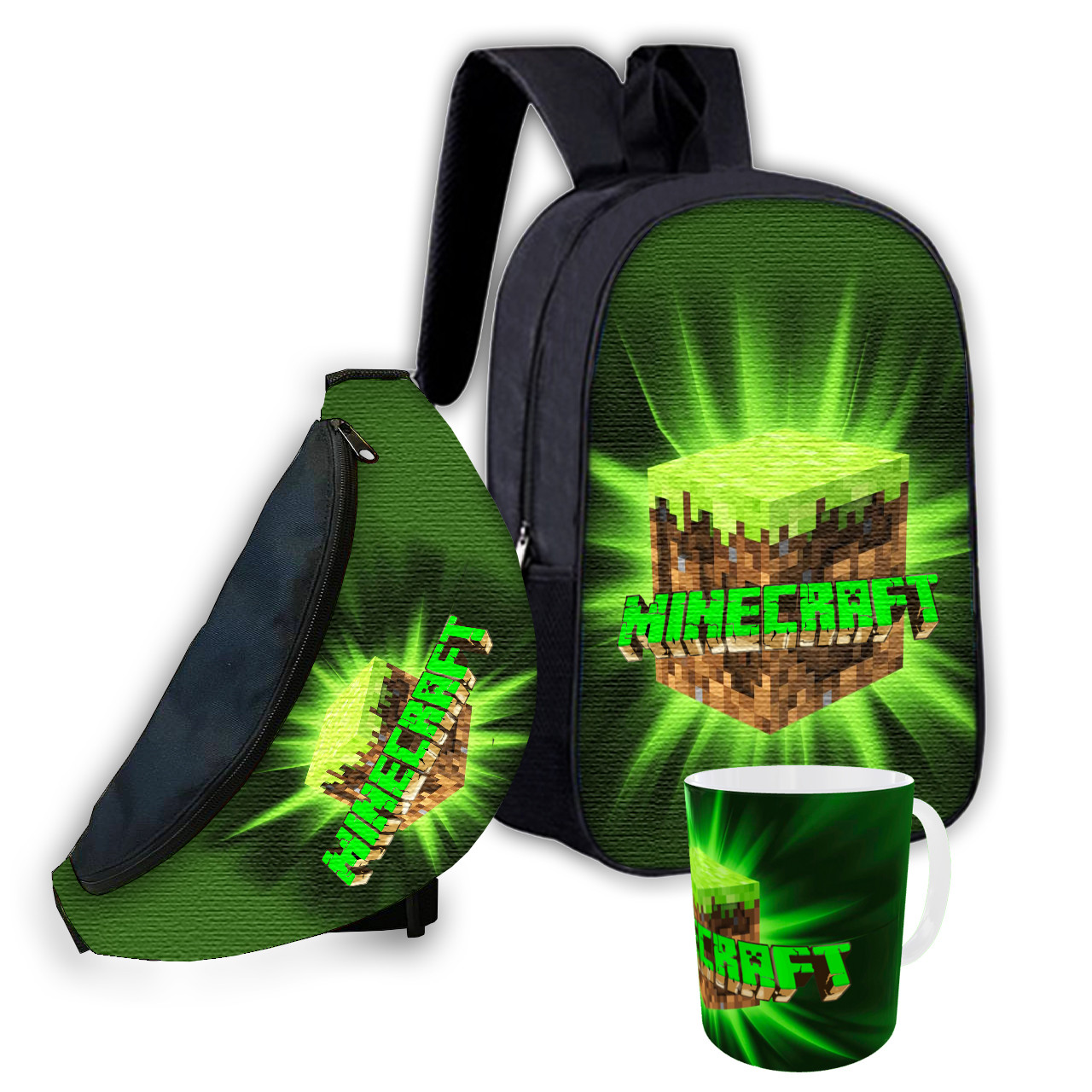 Набір дитячий Майнкрафт Кріпер "Minecraft" рюкзак 36х27см сумка-бананка, кружка з принтом для хлопчика (01553), фото 1
