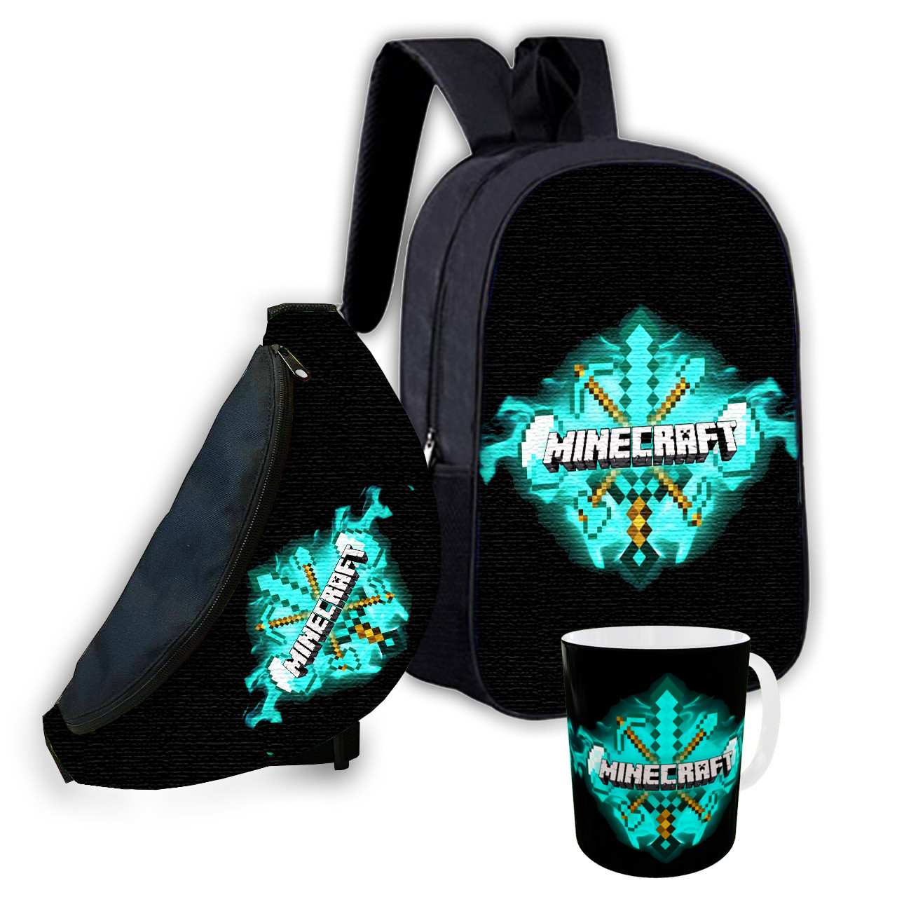 Набір дитячий Майнкрафт Кріпер "Minecraft" рюкзак 36х27см сумка-бананка, кружка з принтом для хлопчика (01554), фото 1