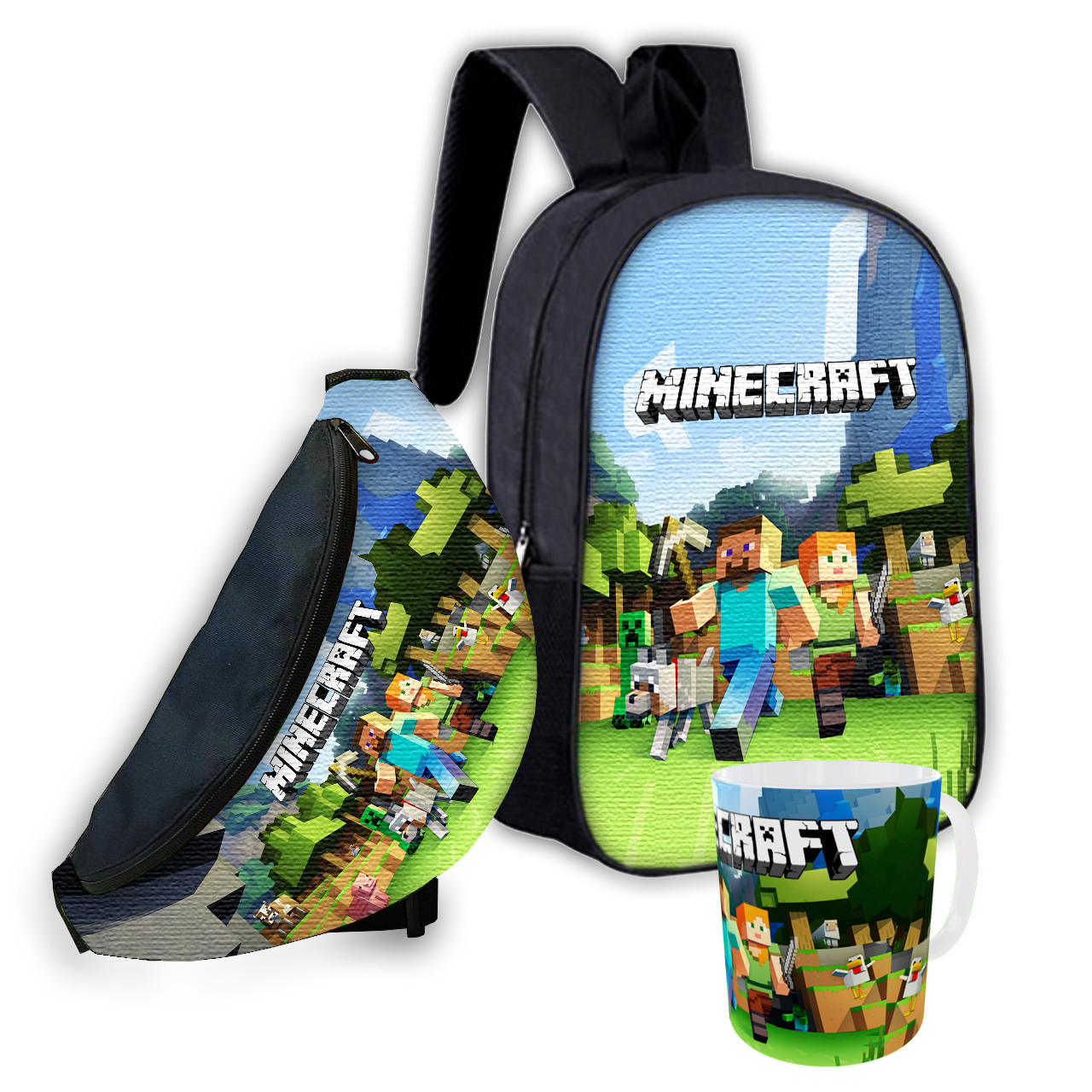 Набір дитячий Майнкрафт Кріпер "Minecraft" рюкзак 36х27см сумка-бананка, кружка з принтом для хлопчика (01556), фото 1