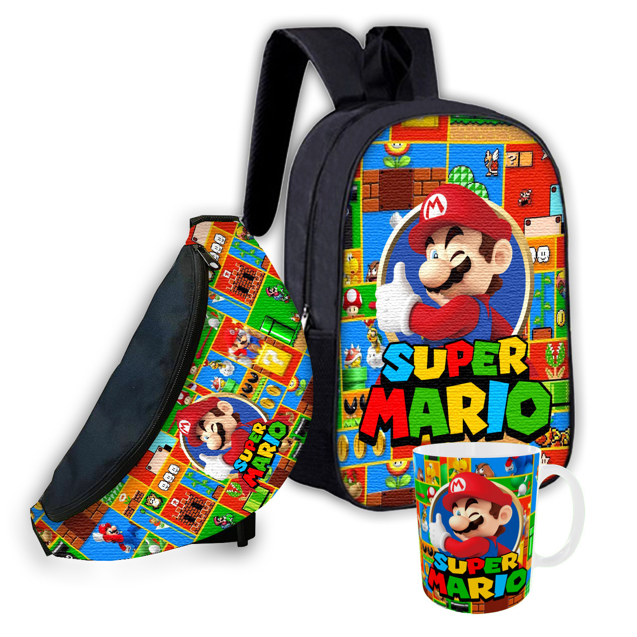 Набір дитячий Супер Маріо рюкзак рюкзак 36х27см сумка-бананка, кружка з принтом для хлопчика (01563), фото 1