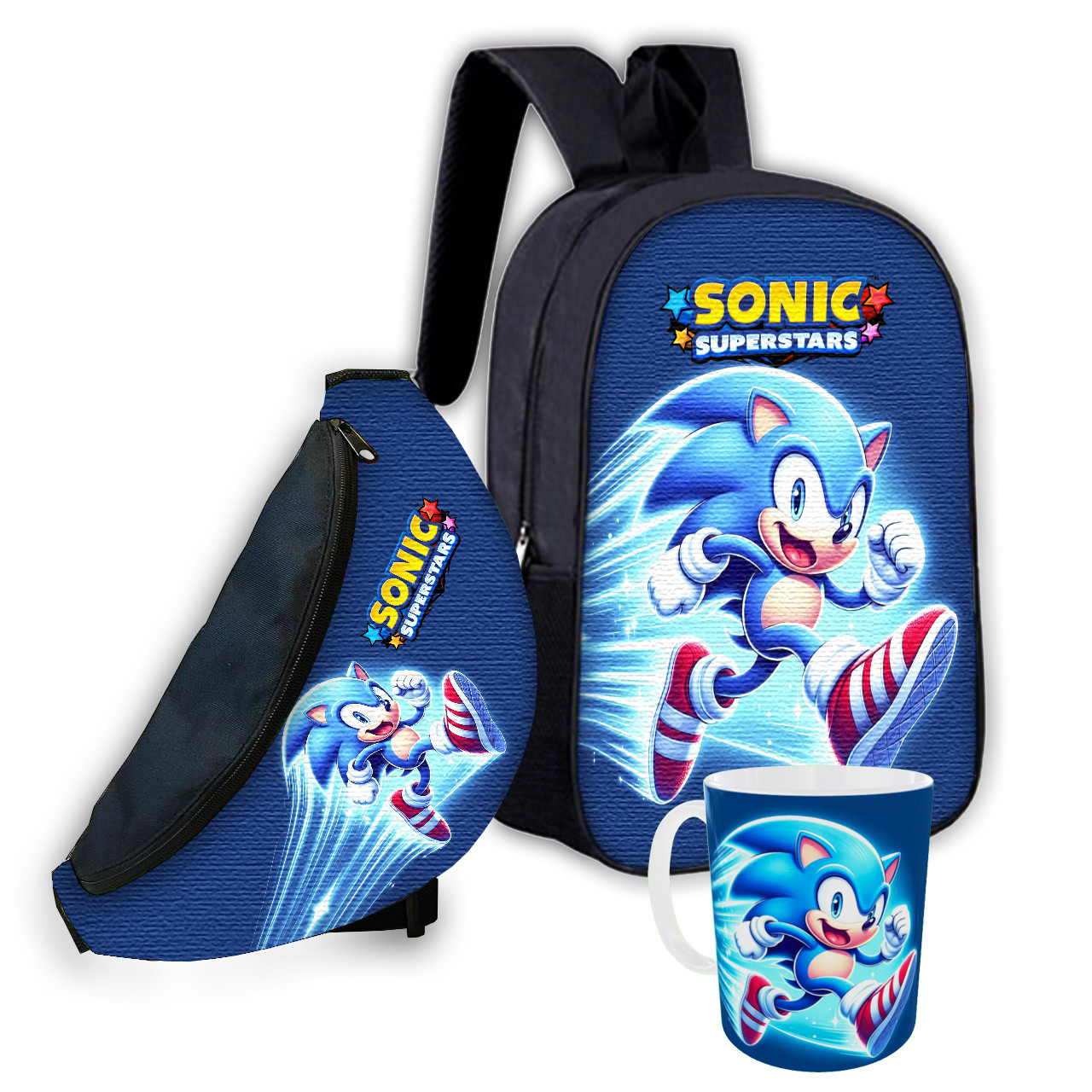 Набір дитячий Супер Сонік рюкзак рюкзак 36х27см сумка-бананка, кружка з принтом для хлопчика (01591), фото 1