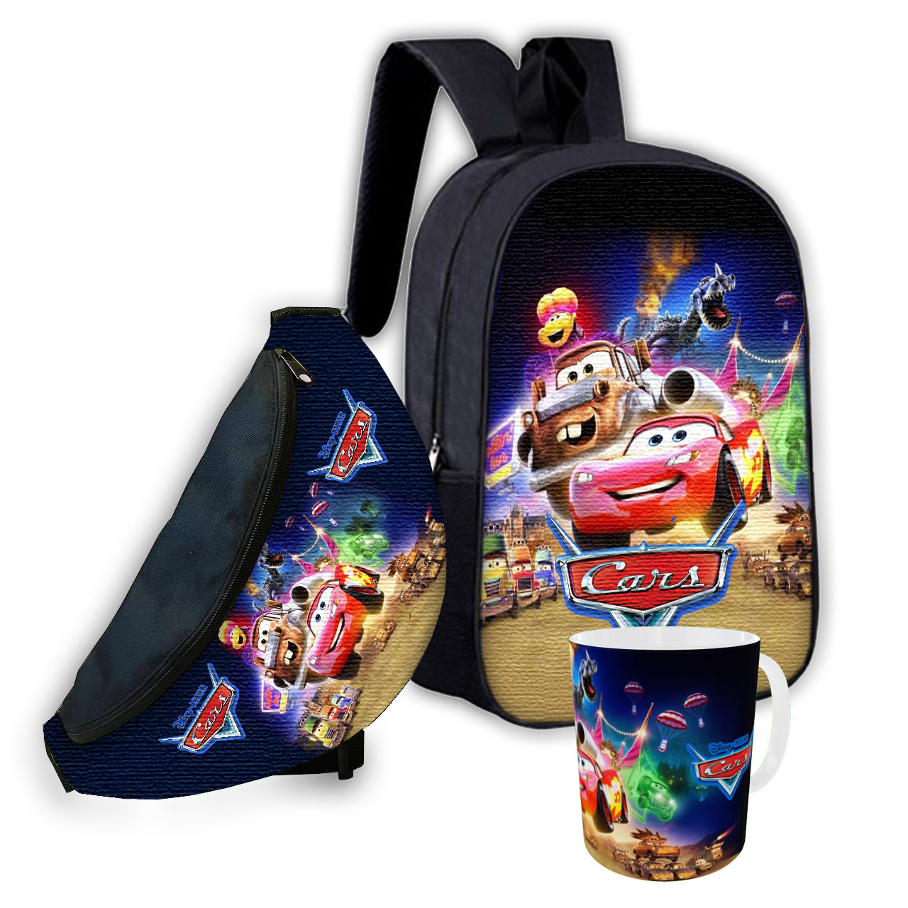 Набір дитячий Тачки Блискавка Маквін рюкзак 36х27см сумка-бананка, кружка з принтом для хлопчика (01596), фото 1