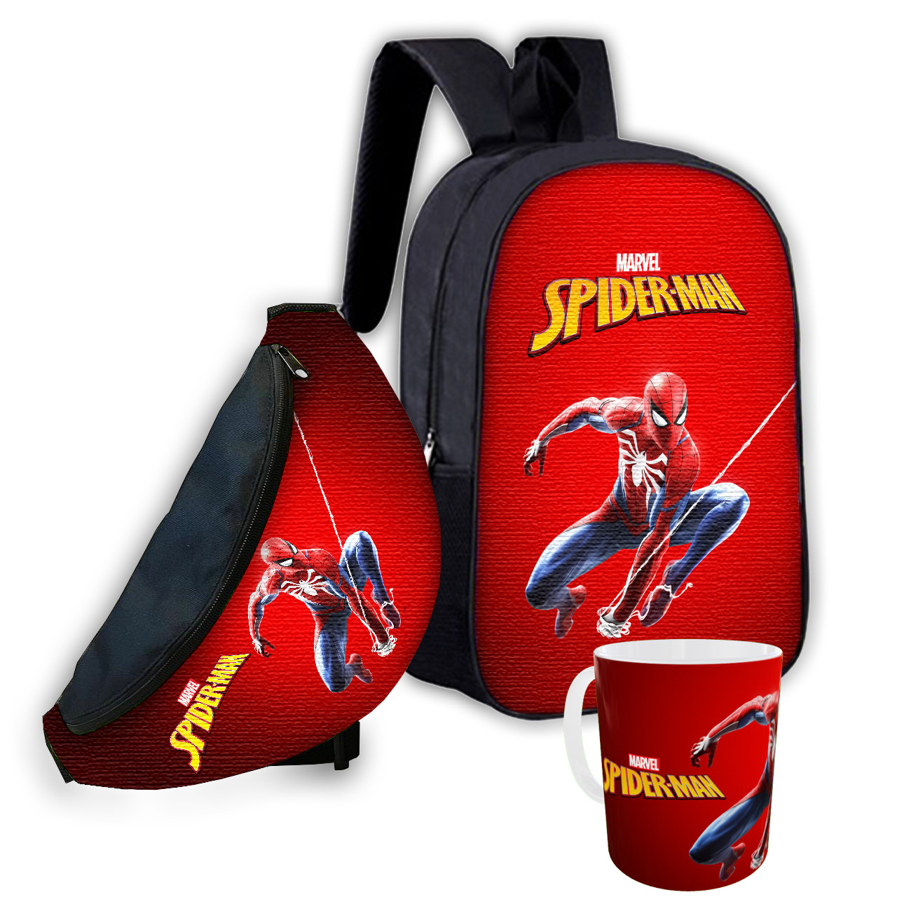 Набір дитячий Людина Павук «Spider-Man» рюкзак 36х27см сумка-бананка, кружка з принтом для хлопчика (1630), фото 1