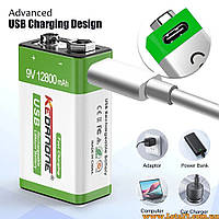 Акумулятор 9V 12800mAh літій іонний з USB Type-C батарея батарейка крона 9в p зарядкою Li-ion 12800mAh