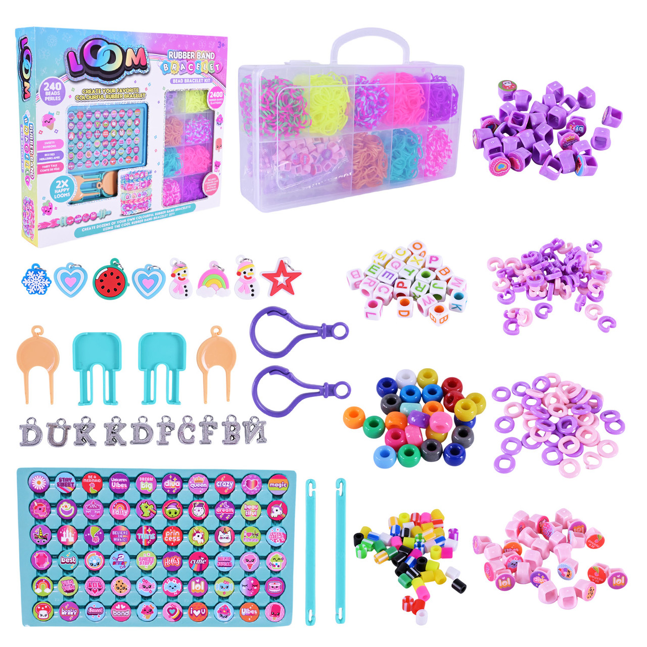 Гумочки для плетіння 16502, гумки 2400 шт., кубики з літерами, підвіски, намистини, застібки, фото 1