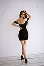 Вечірня коротка приталена чорна сукня-бандо з корсетним ліфом, фото 6