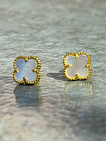 Van Cleef сережки перламутрові, міні 0.8 см / лимонне золото / проба, гравіювання/клевер гвоздики