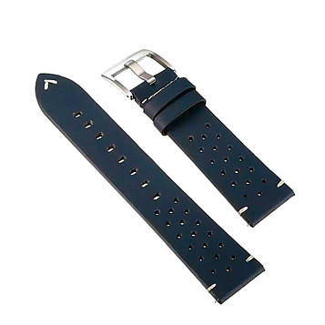 Ремінець шкіряний перфорований для годинника 20 мм темно-синій, пряжка - срібляста