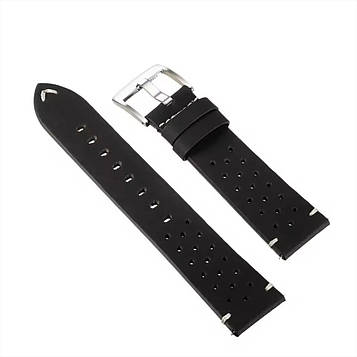 Ремінець шкіряний перфорований для годинника 20 мм чорний, пряжка - срібляста