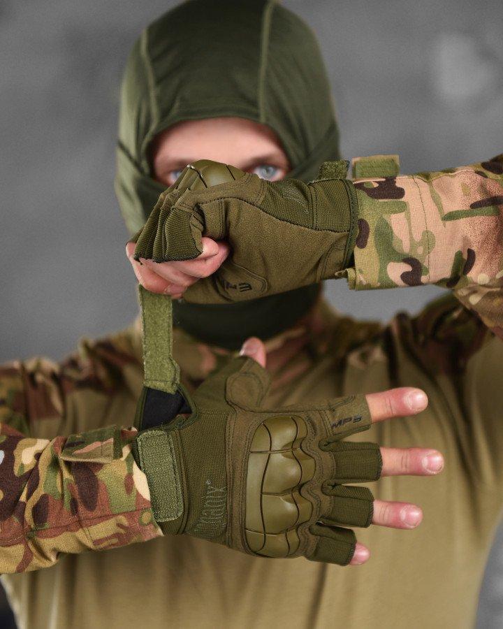 Тактичні рукавички олива без пальців відкриті
