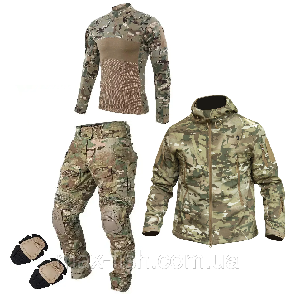Костюм Combat мультикам куртка Soft Shell + штани IDOGEAR G3 з наколінниками + убакс Розмір L