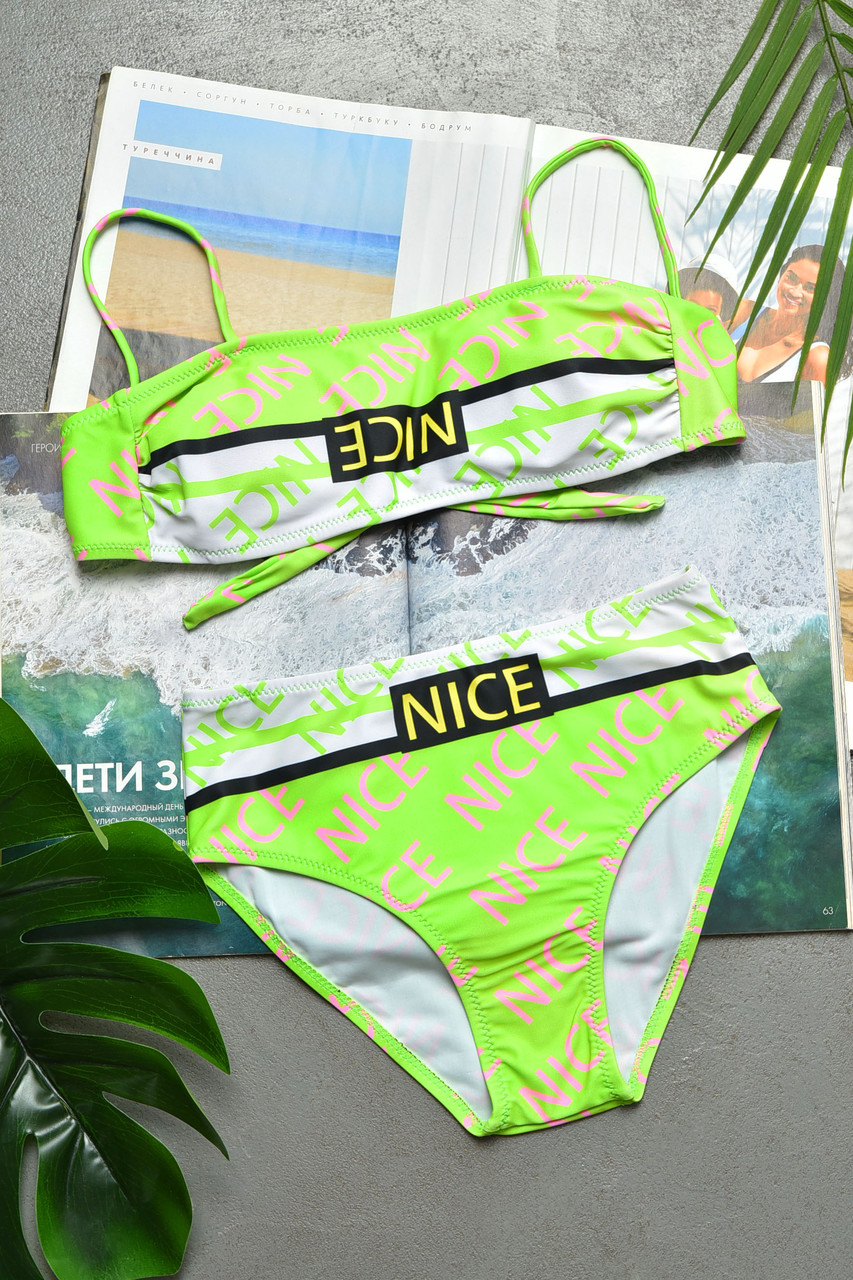 Купальник підлітковий салатового кольору з принтом 200405M, фото 1