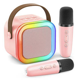 Дитяча караоке колонка з двома мікрофонами бездротова з різнокольоровим підсвічуванням Рожевий (60754)