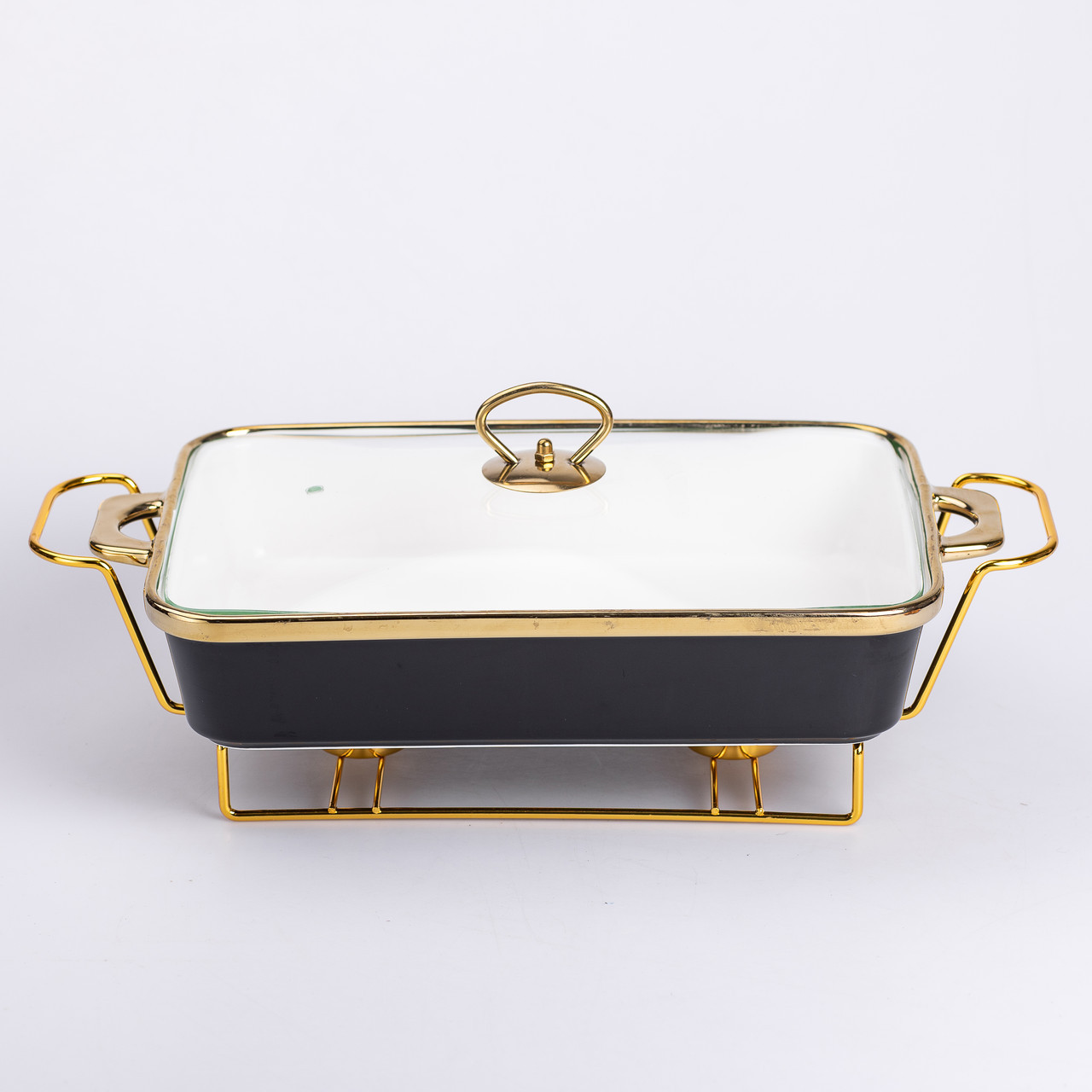 Марміт керамічний із скляною кришкою 40х22.5х15.5 см на металевій підставці 2 л Чорний, фото 1