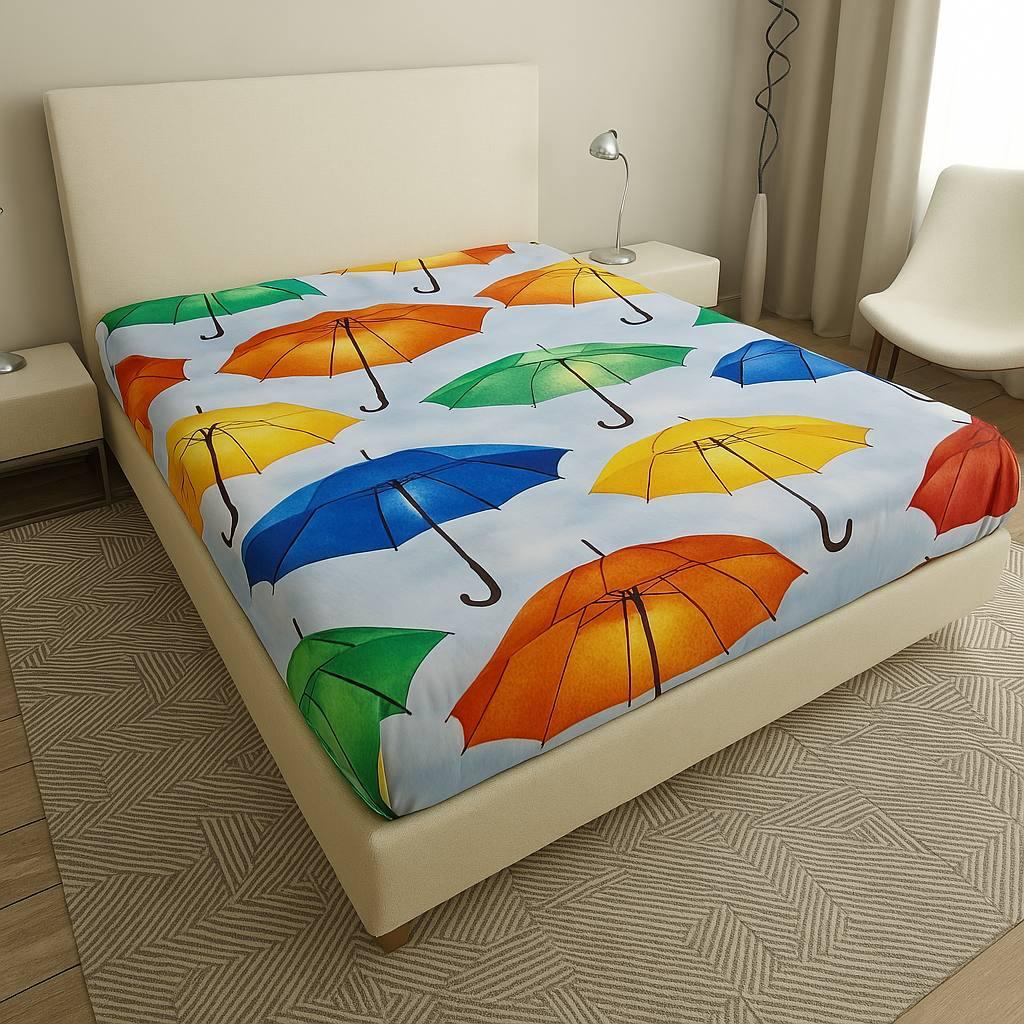 Простирадло на резинці двоспальне "Парасольки" | Полісатин 160х200 см, фото 1