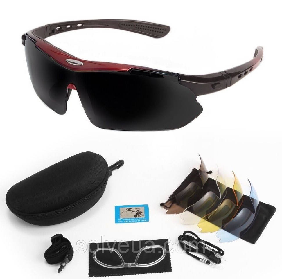 Сонцезахисні окуляри тактичні Oakley чорні із червоним з поляризацією 5 лінз One sizе+.solve