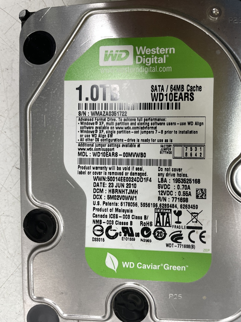 Жорсткий диск 1ТБ WD Green 1TB 5400rpm 64MB WD10EARS 3.5" для компа
