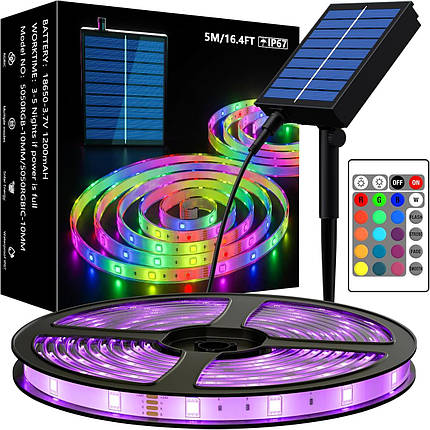 Світлодіодна стрічка MIWATT Solar, зовнішня, 5 м, світлодіодна стрічка RGB на сонячних батареях, світлодіодні лам, фото 1