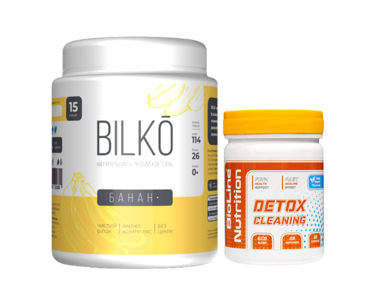 Протеїн Bilko 450 г (15 порцій). Смак Банан + Detox Cleaning BioLine Nutrition 60 капсул, фото 1